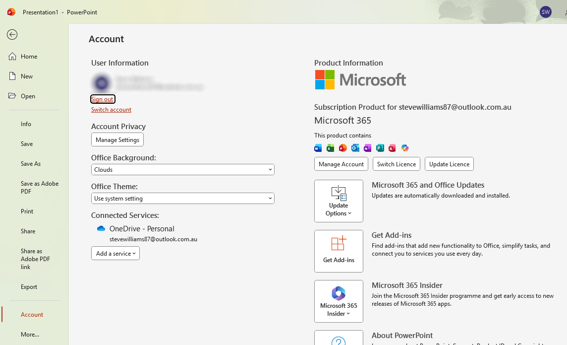 File Account information in PowerPoint